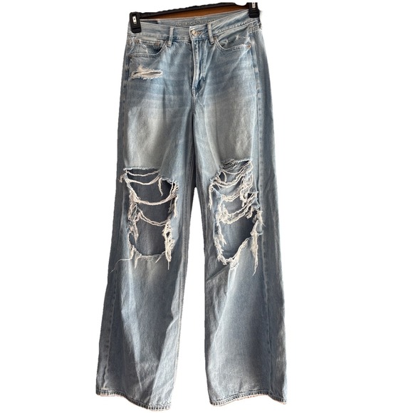 American Eagle Jeans Womens 4 Super Hi Rise Baggy Wide Leg Distressed Ripped Y2K - Picture 1 of 8